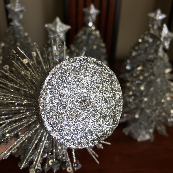 6 Silver Glitter Tabletop Decor Star Topped Bottle Brush Christmas Trees - Picture 11 of 16